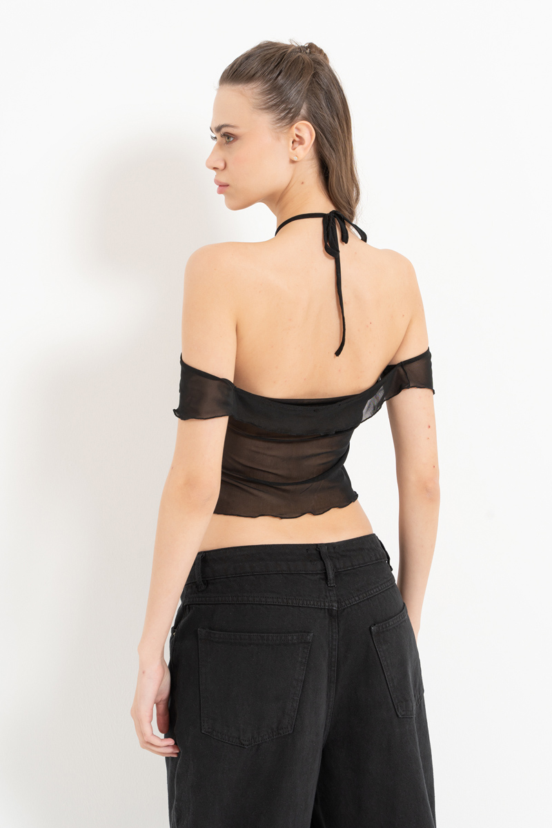 Black Off-the-Shoulder Mesh Top