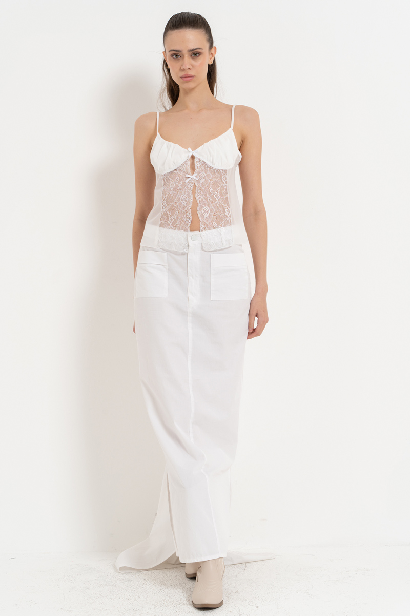 Offwhite Lace-Insert Mesh Cami