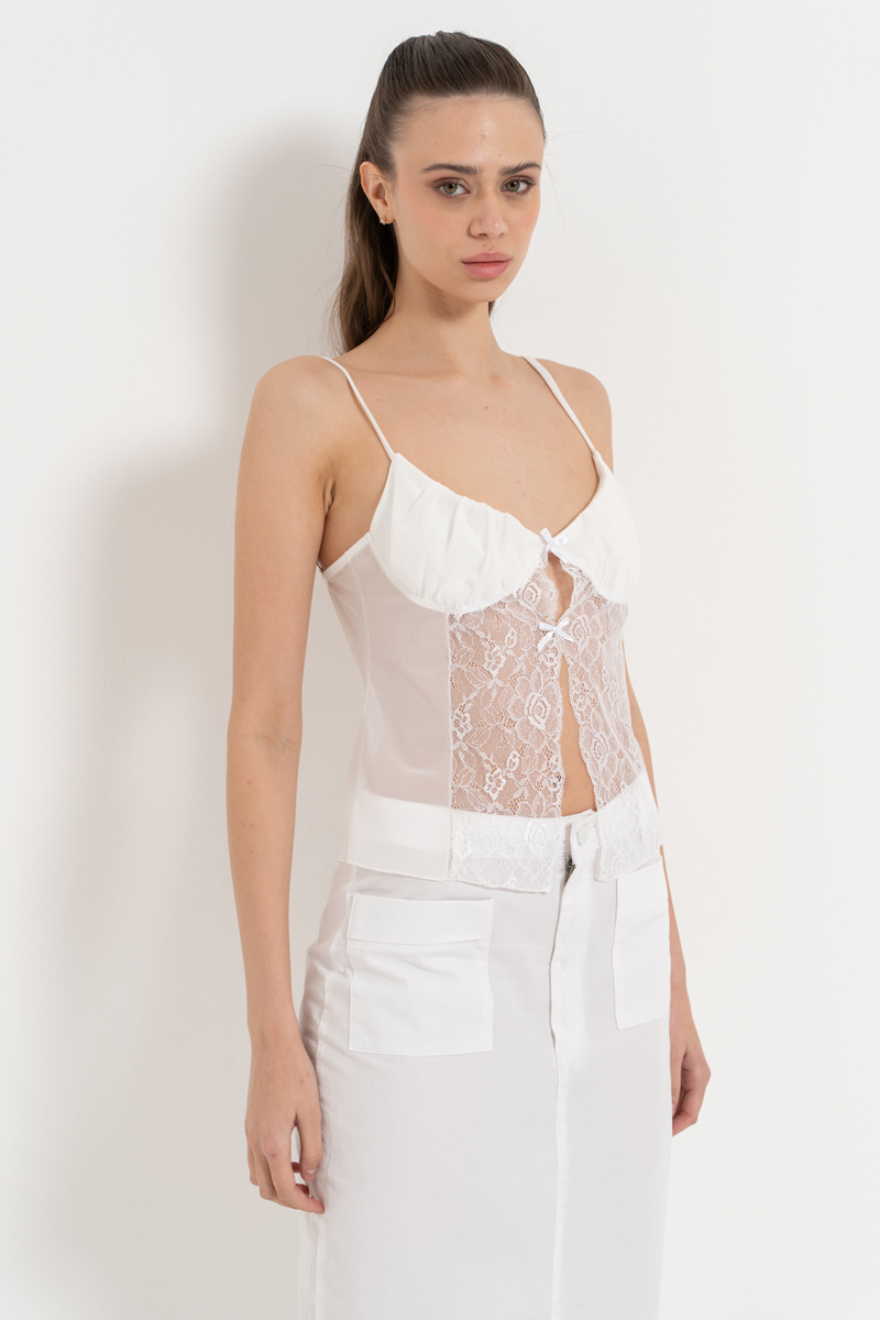 Wholesale Offwhite Lace-Insert Mesh Cami