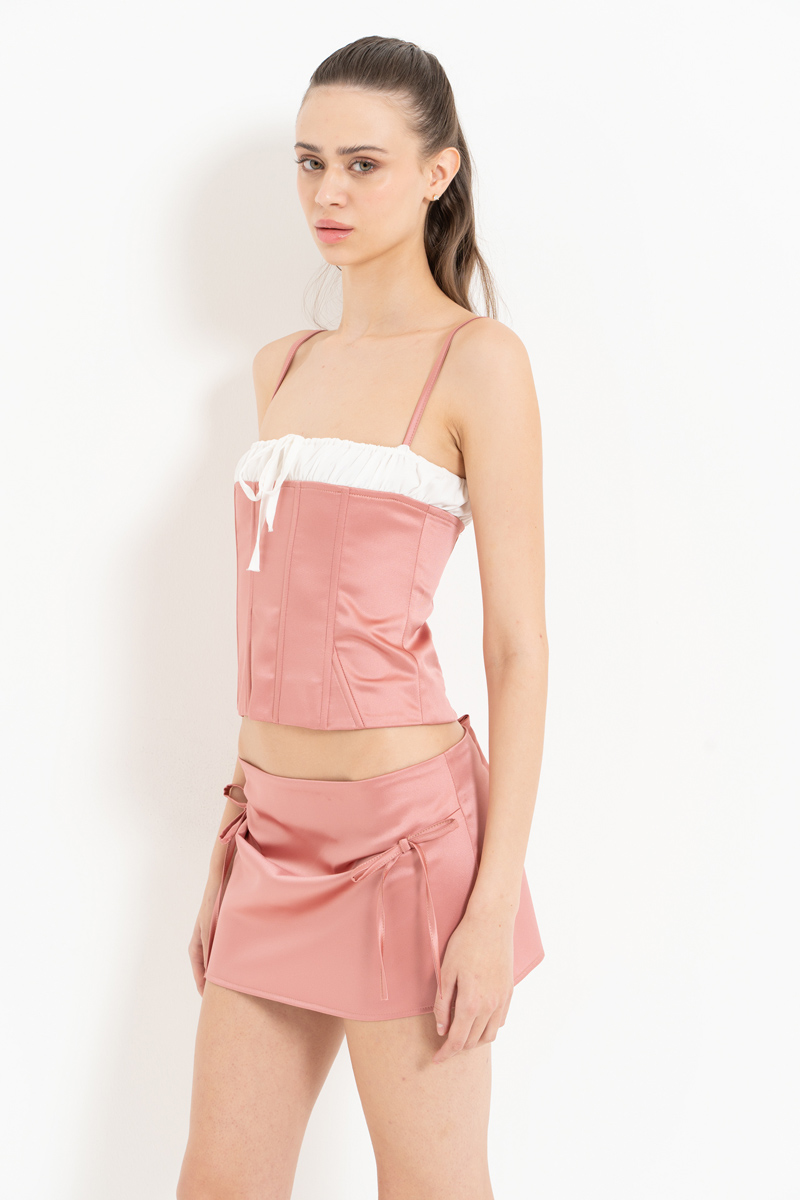 Rose & Offwhite Contrast-Trim Satin Cami & Mini Skirt Set