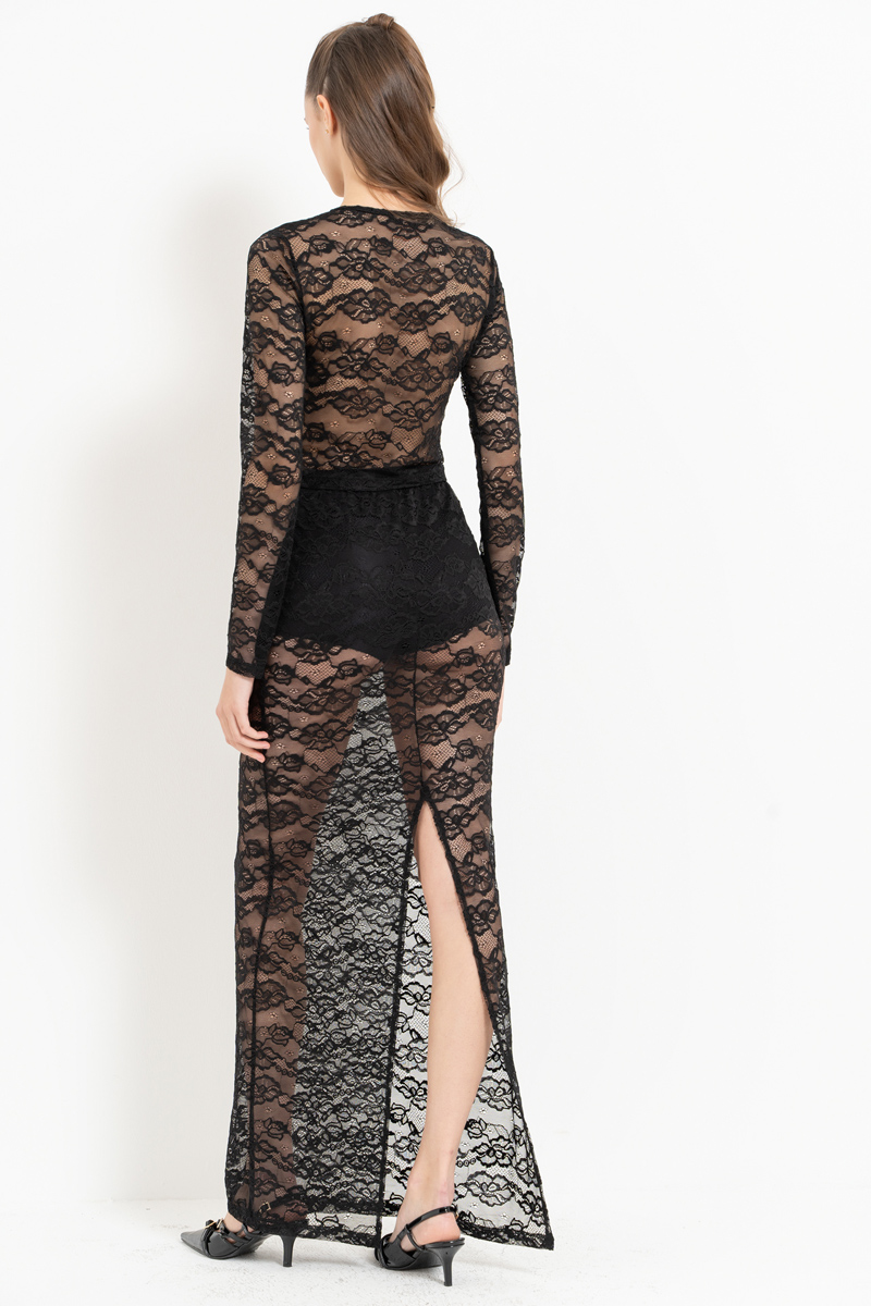 Wholesale Black Long-Sleeve Lace Top & Skirt Set