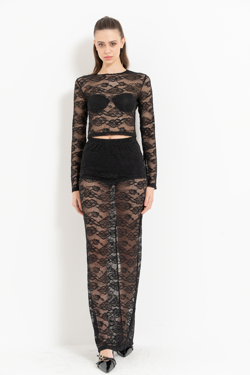 Black Long-Sleeve Lace Top & Skirt Set