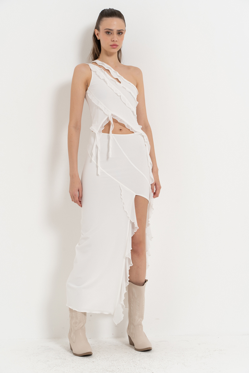 Offwhite One-Shoulder Mesh Top & Split-Leg Skirt Set