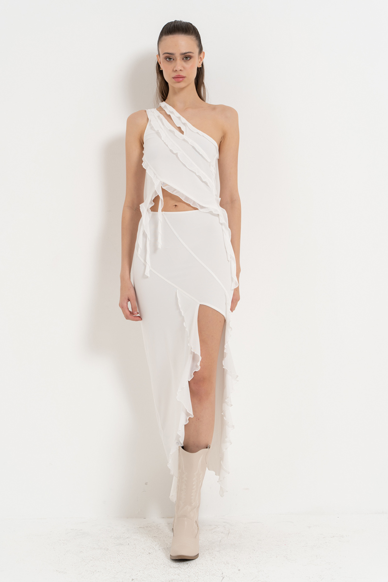 Wholesale Offwhite One-Shoulder Mesh Top & Split-Leg Skirt Set