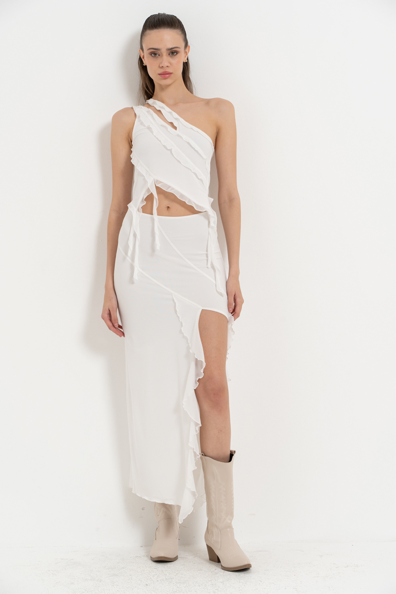 Offwhite One-Shoulder Mesh Top & Split-Leg Skirt Set