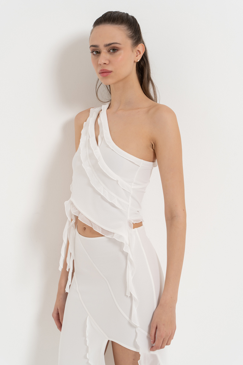 Wholesale Offwhite One-Shoulder Mesh Top & Split-Leg Skirt Set