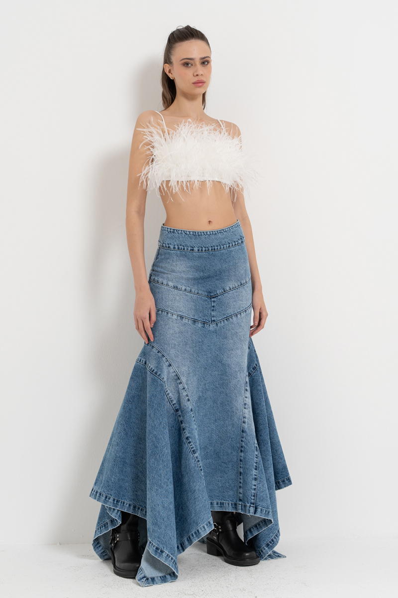 Wholesale Blue Pieced Denim Maxi Skirt