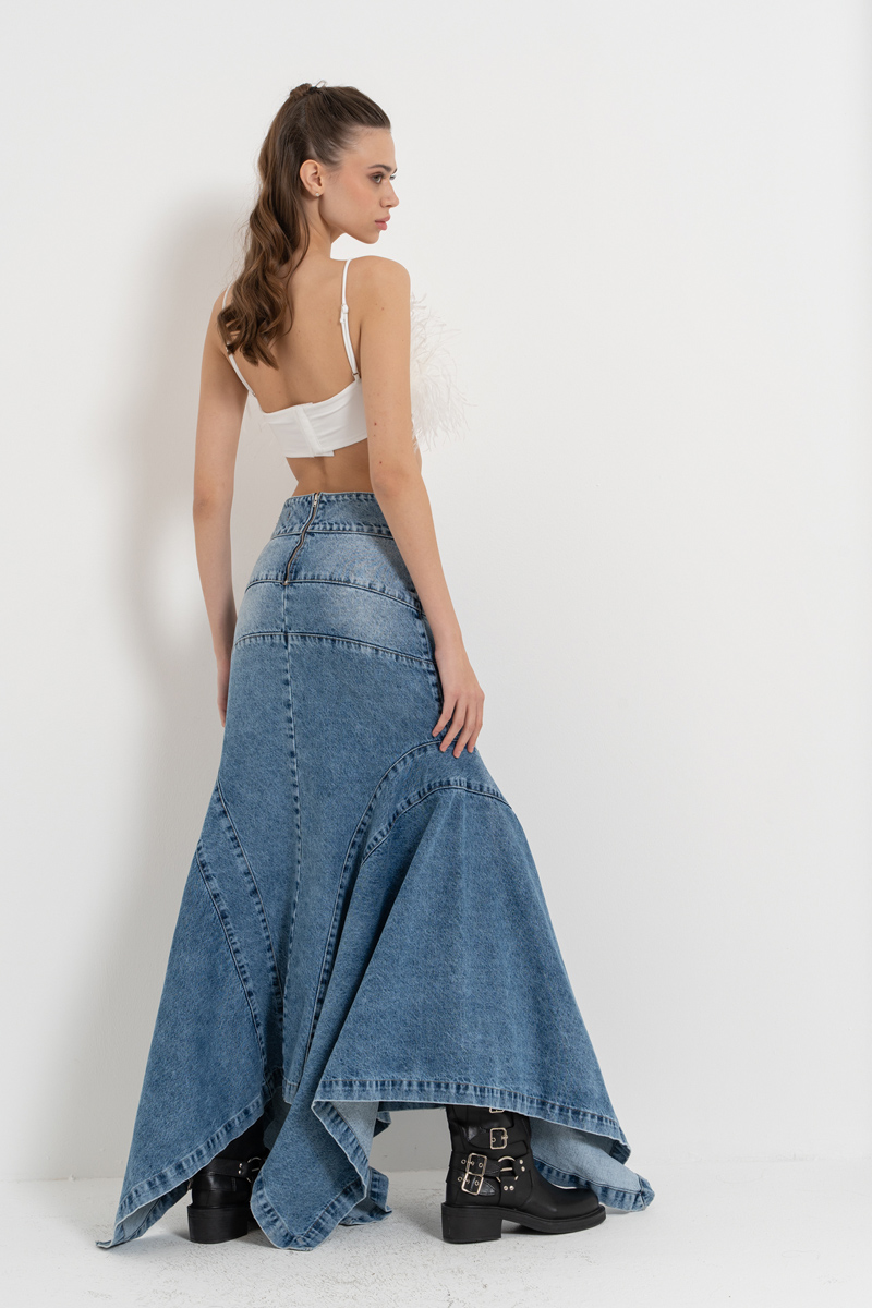 Wholesale Blue Pieced Denim Maxi Skirt