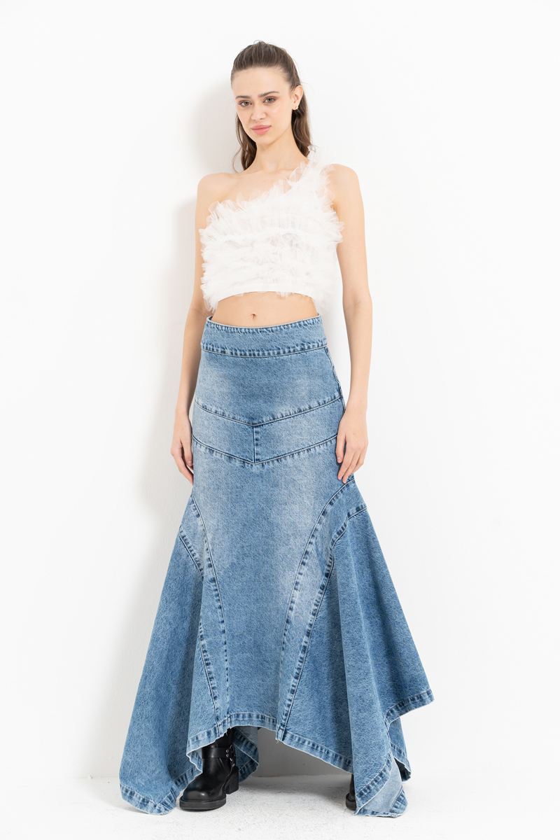 Wholesale Blue Pieced Denim Maxi Skirt