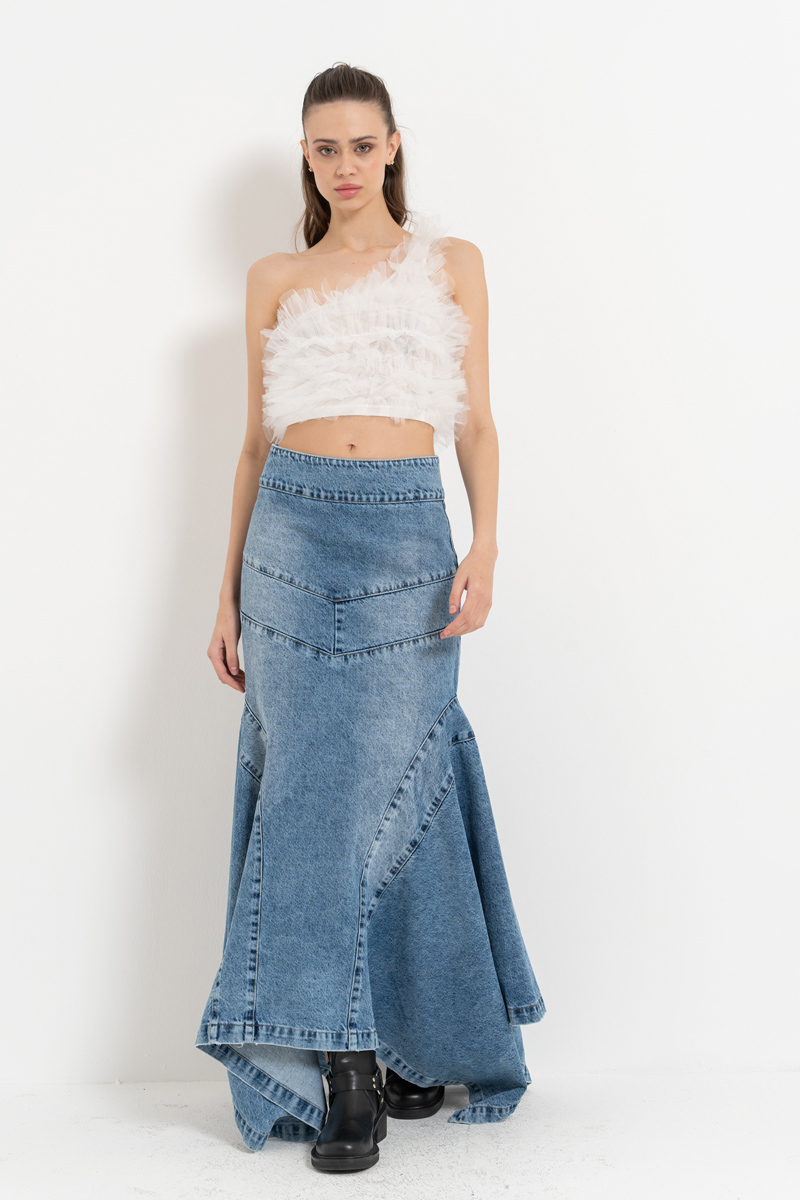 Wholesale Blue Pieced Denim Maxi Skirt