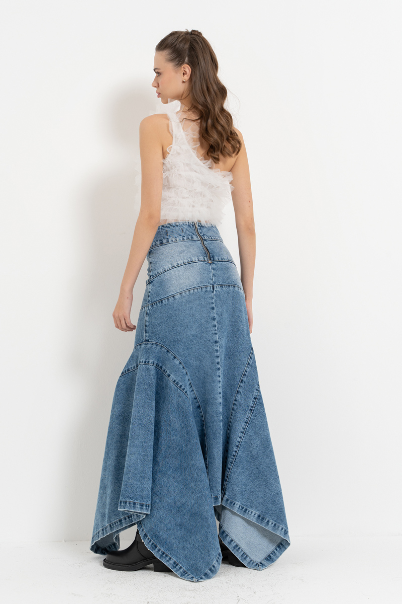 Wholesale Blue Pieced Denim Maxi Skirt