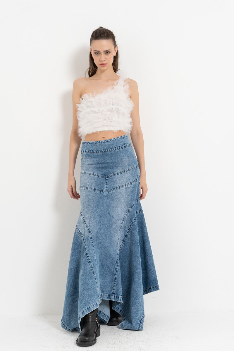 Wholesale Blue Pieced Denim Maxi Skirt