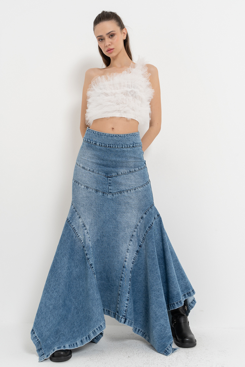 Wholesale Blue Pieced Denim Maxi Skirt