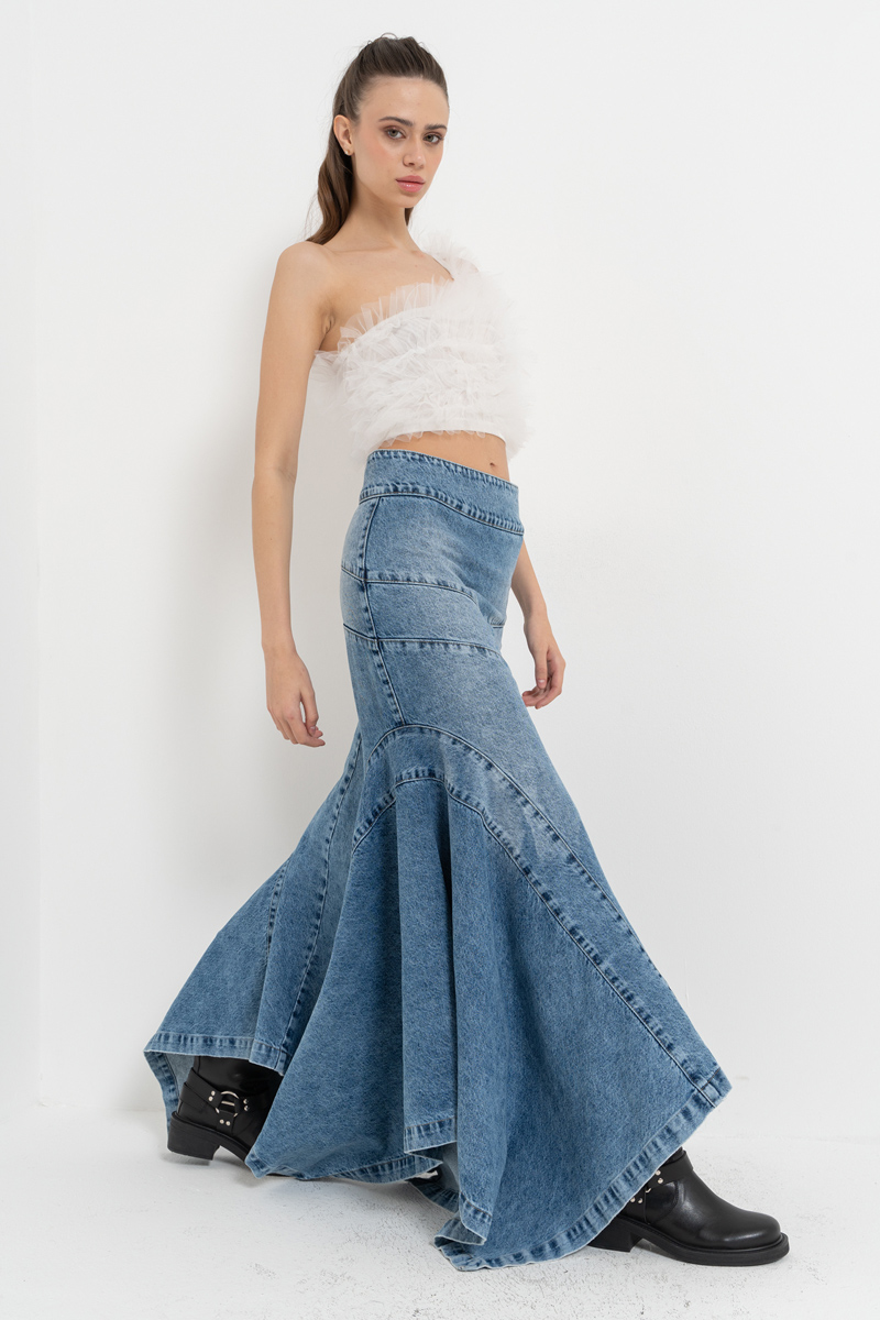 Wholesale Blue Pieced Denim Maxi Skirt