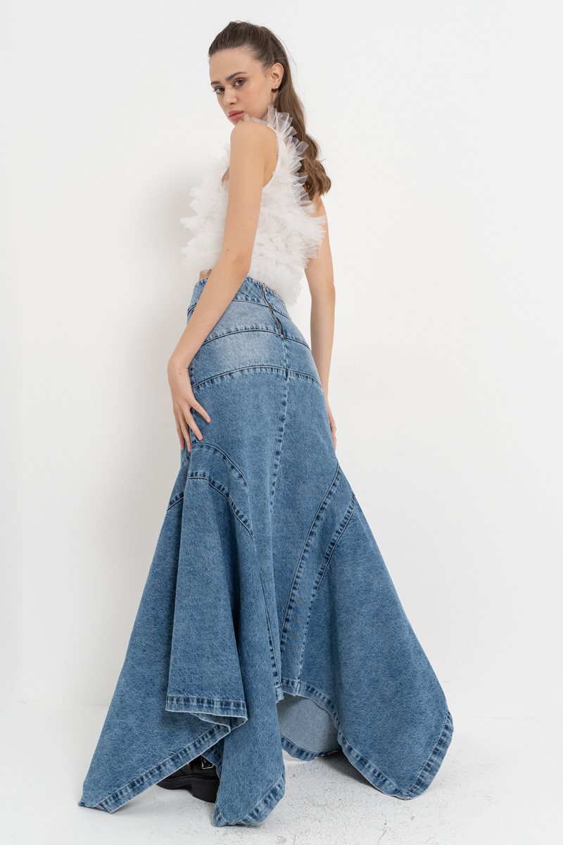 Wholesale Blue Pieced Denim Maxi Skirt