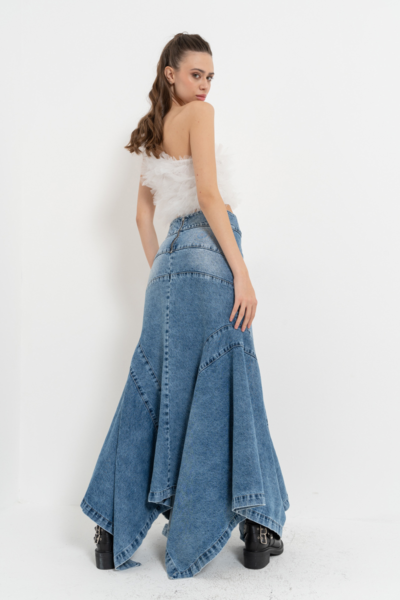 Wholesale Blue Pieced Denim Maxi Skirt