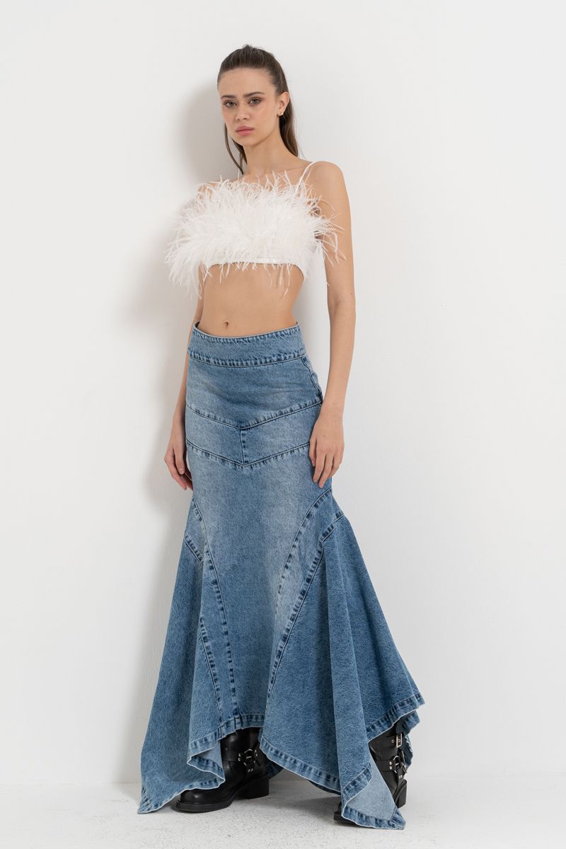 Wholesale Blue Pieced Denim Maxi Skirt