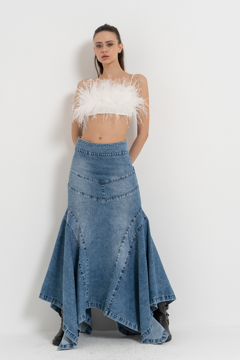 Wholesale Blue Pieced Denim Maxi Skirt