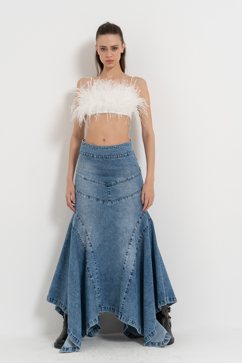 Wholesale Blue Pieced Denim Maxi Skirt