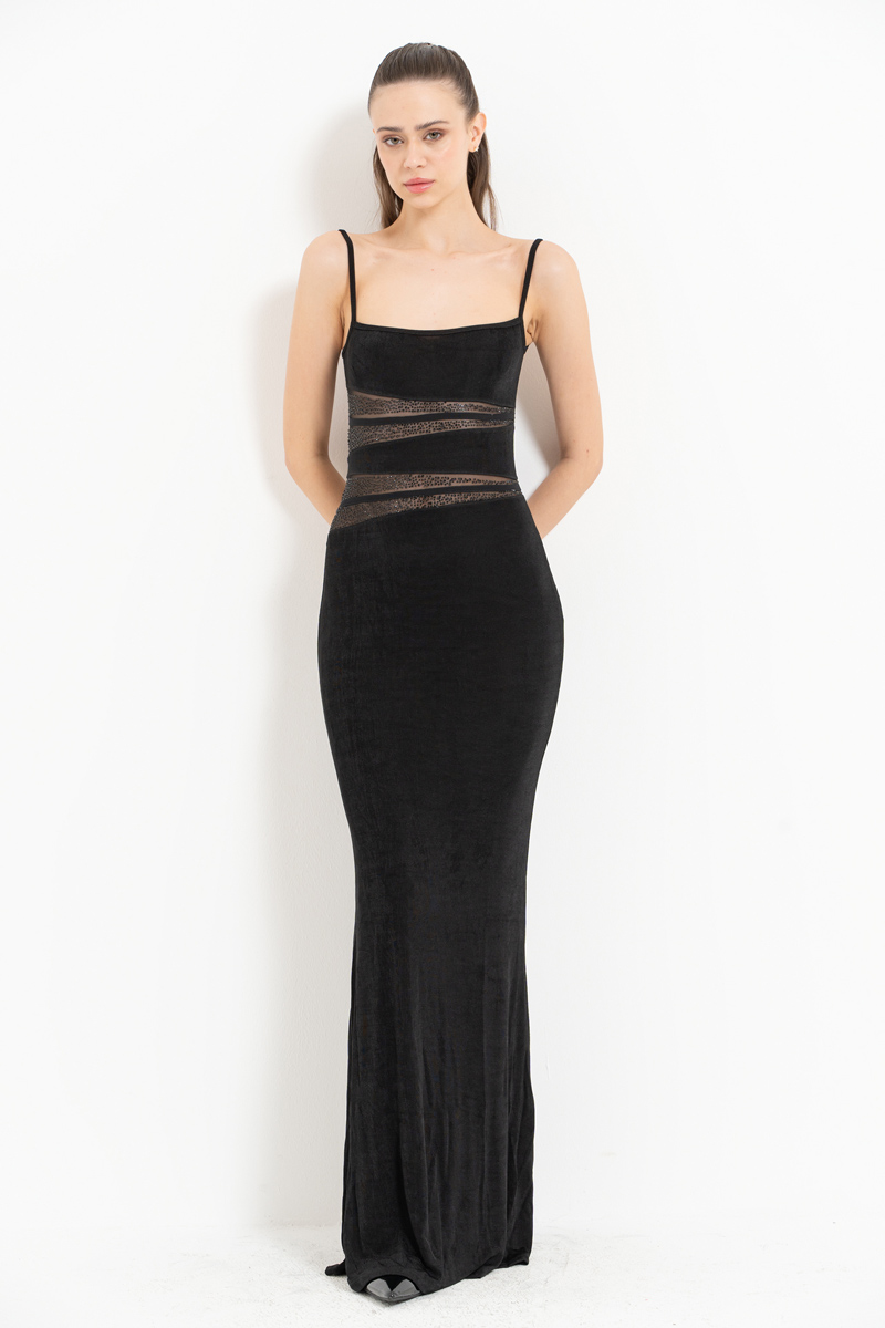 Black Mesh-Insert Embellished Maxi Dress