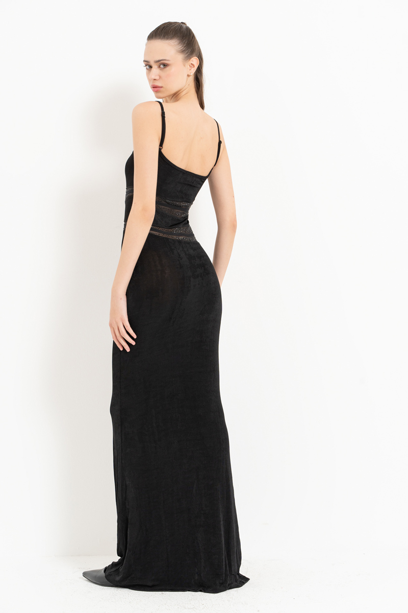 Black Mesh-Insert Embellished Maxi Dress