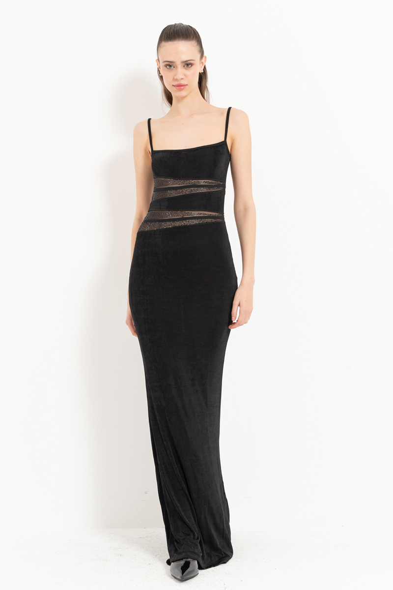 Black Mesh-Insert Embellished Maxi Dress