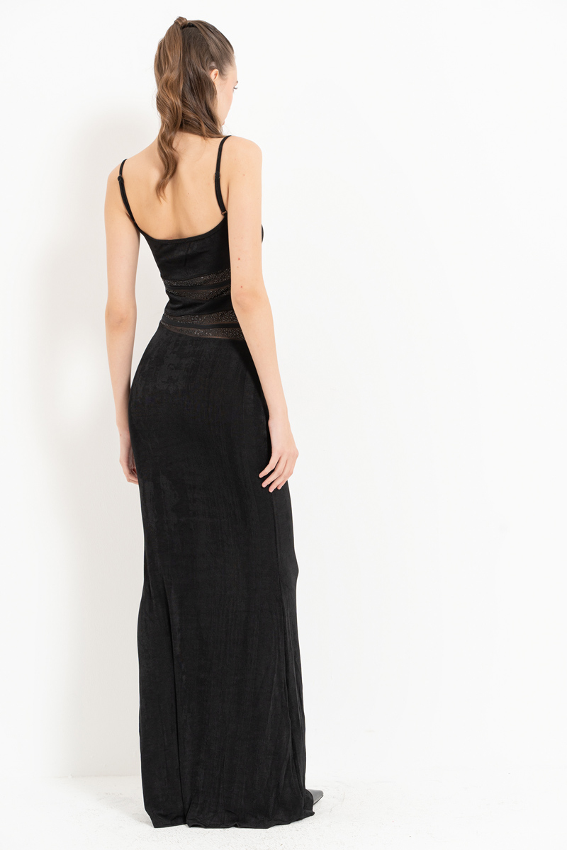 Black Mesh-Insert Embellished Maxi Dress