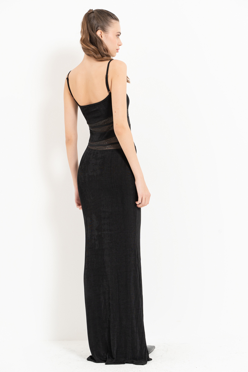 Black Mesh-Insert Embellished Maxi Dress