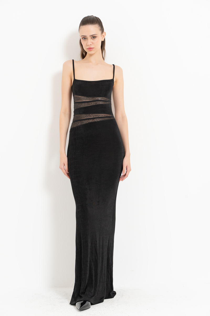 Black Mesh-Insert Embellished Maxi Dress