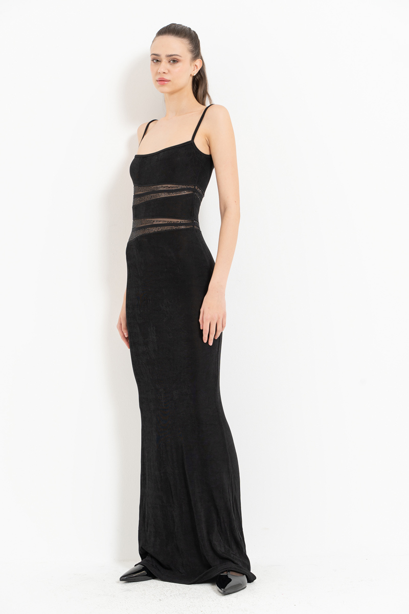 Black Mesh-Insert Embellished Maxi Dress