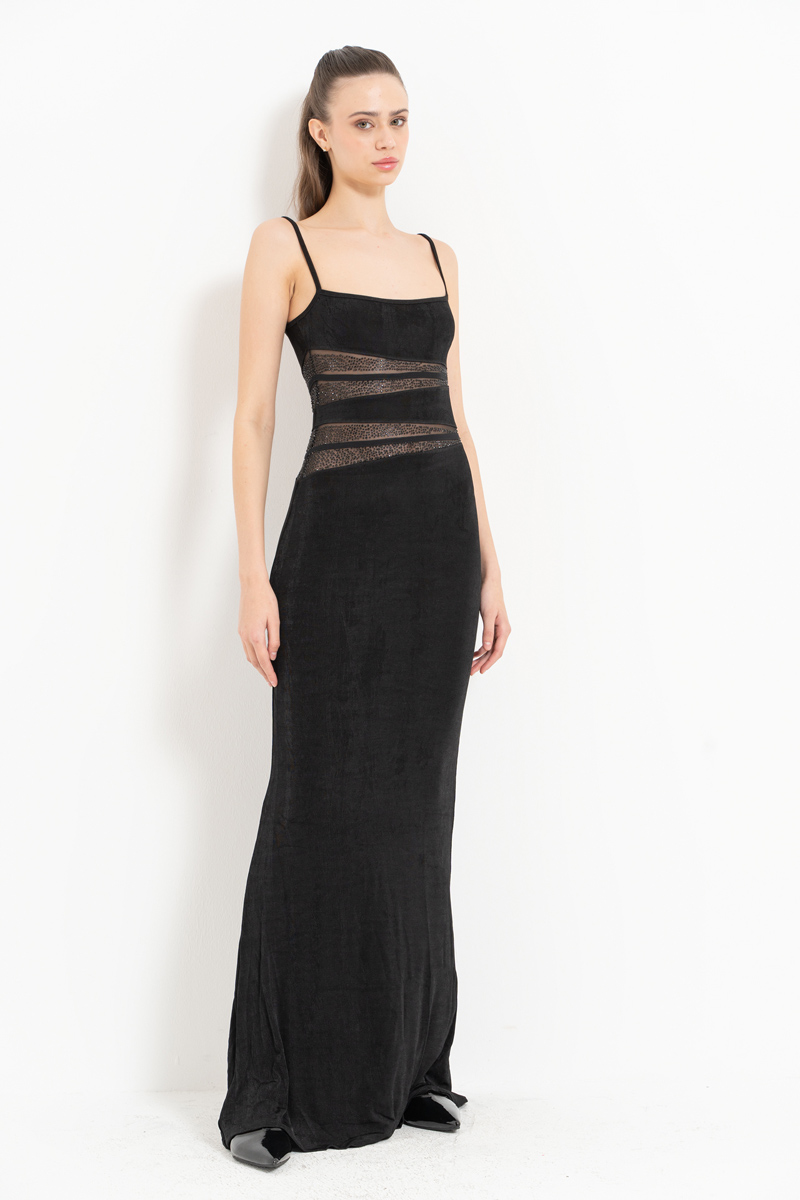 Black Mesh-Insert Embellished Maxi Dress