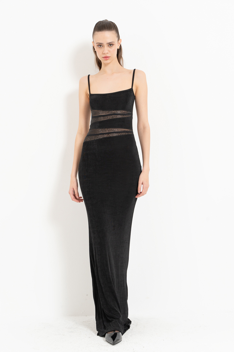 Black Mesh-Insert Embellished Maxi Dress