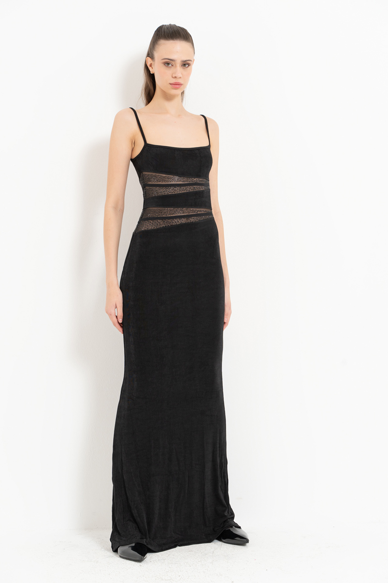 Black Mesh-Insert Embellished Maxi Dress