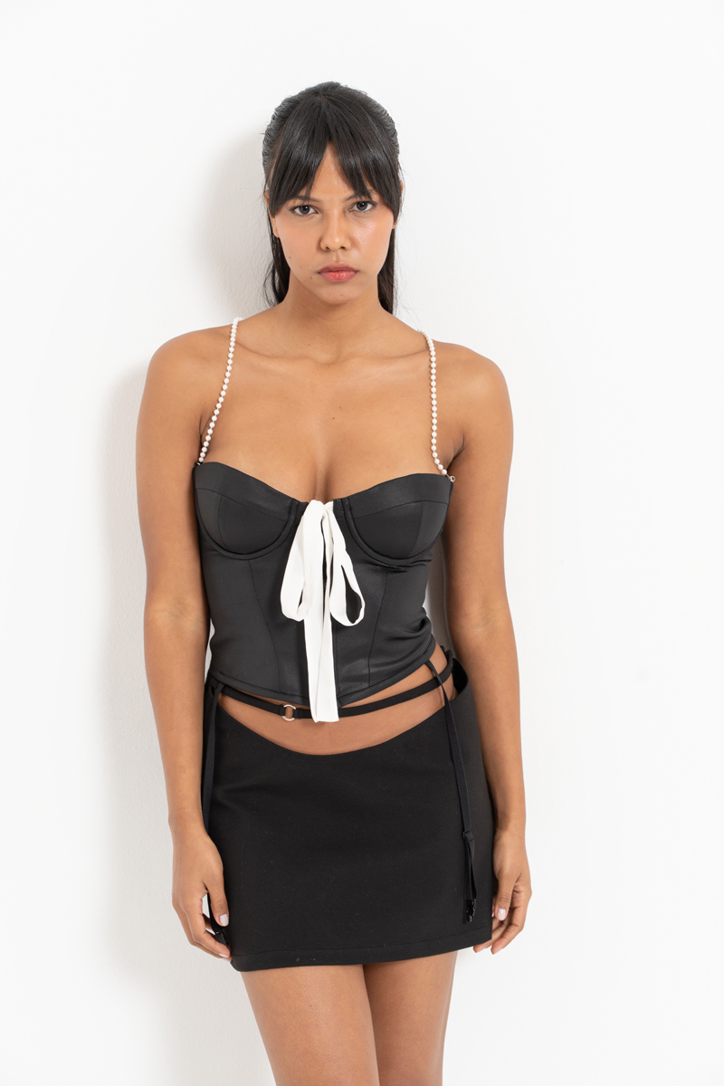 Black Pearl-Strap Bustier with Padded Cups