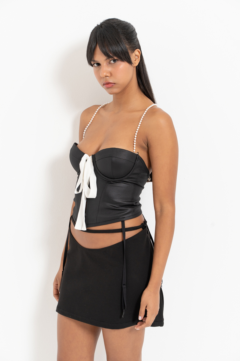 Black Pearl-Strap Bustier with Padded Cups