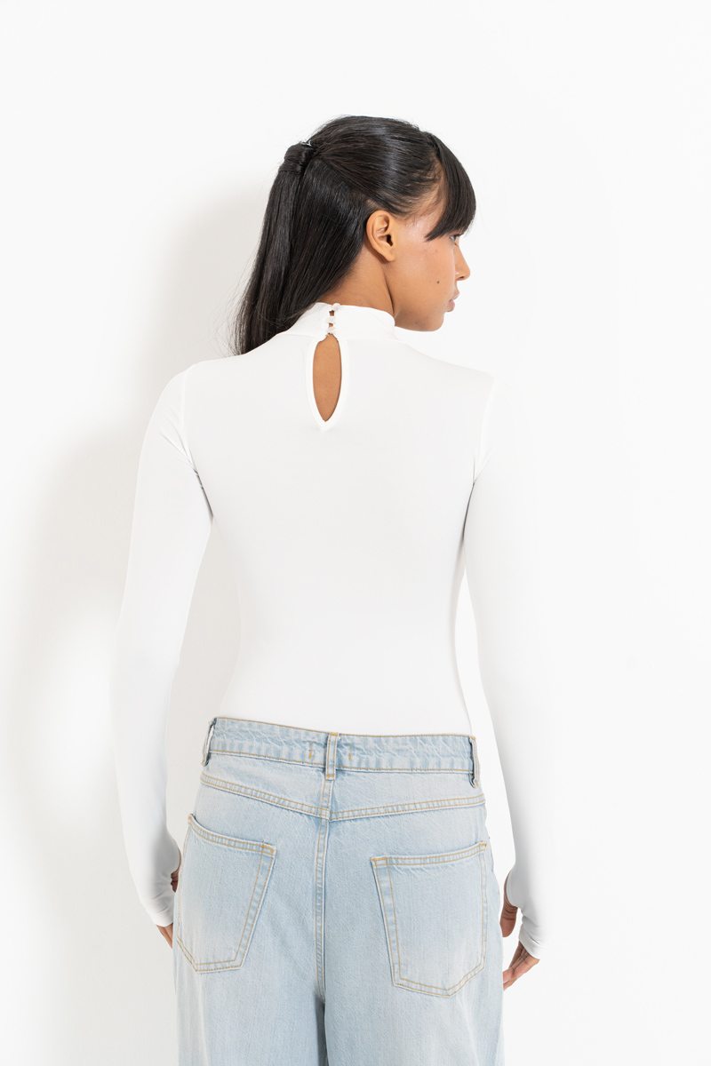Offwhite Mock Neck Bodysuit with Thumb Holes