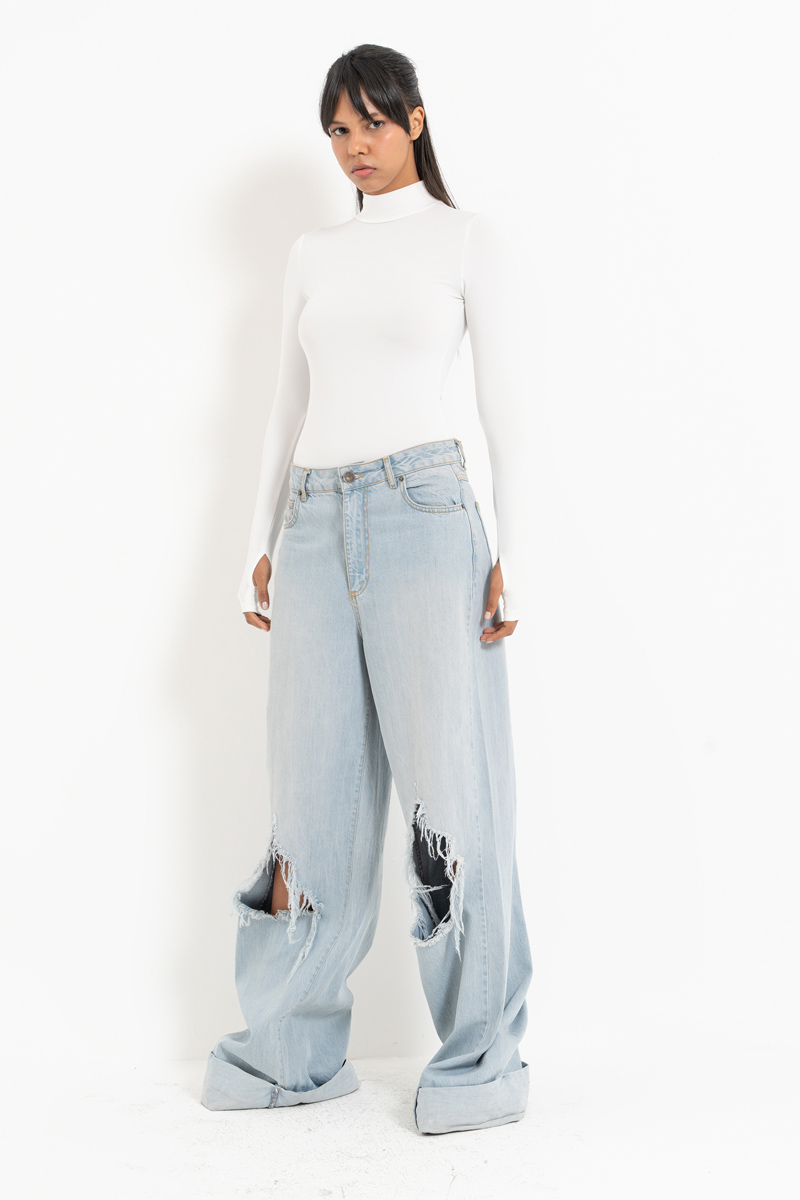 Offwhite Mock Neck Bodysuit with Thumb Holes
