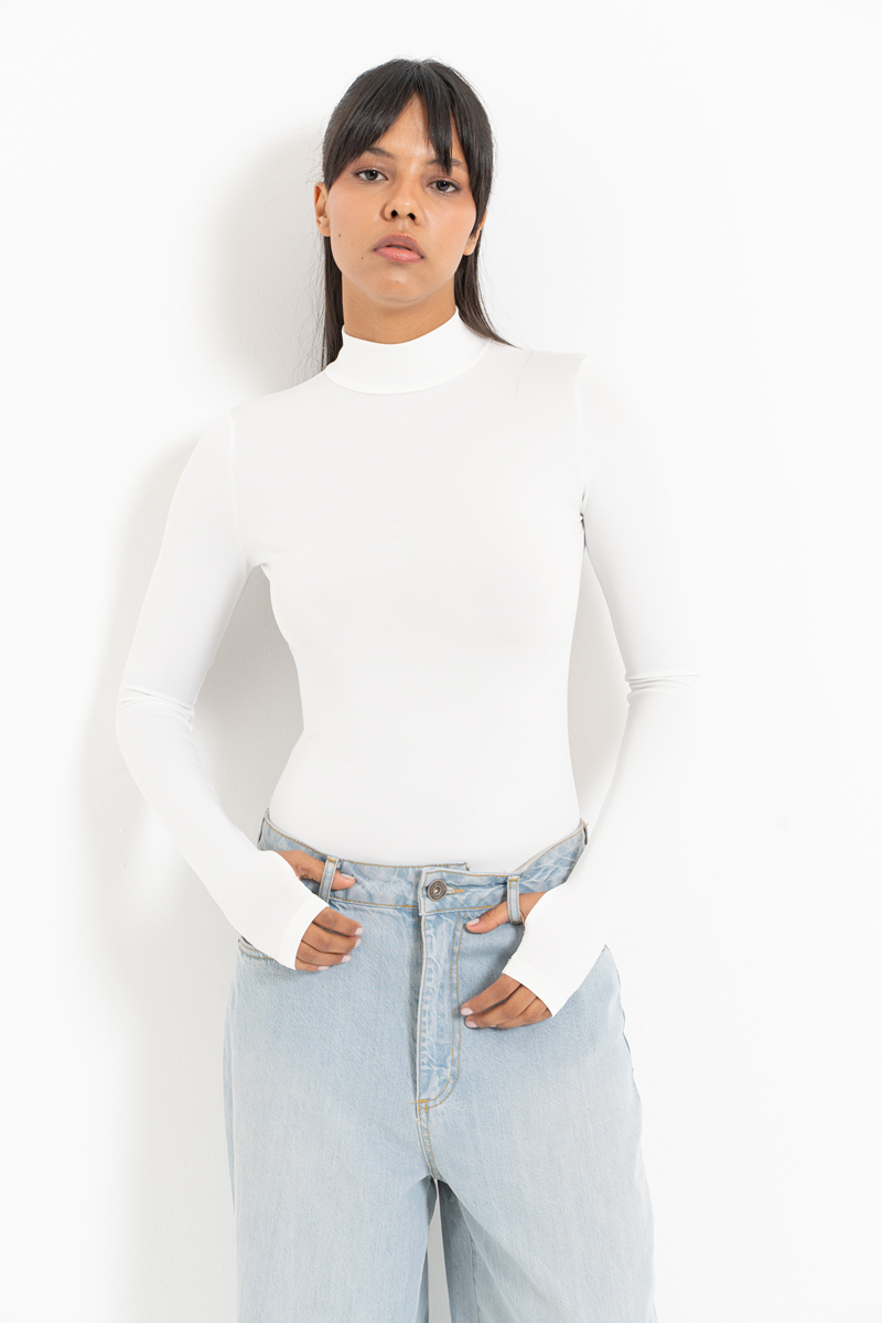 Offwhite Mock Neck Bodysuit with Thumb Holes