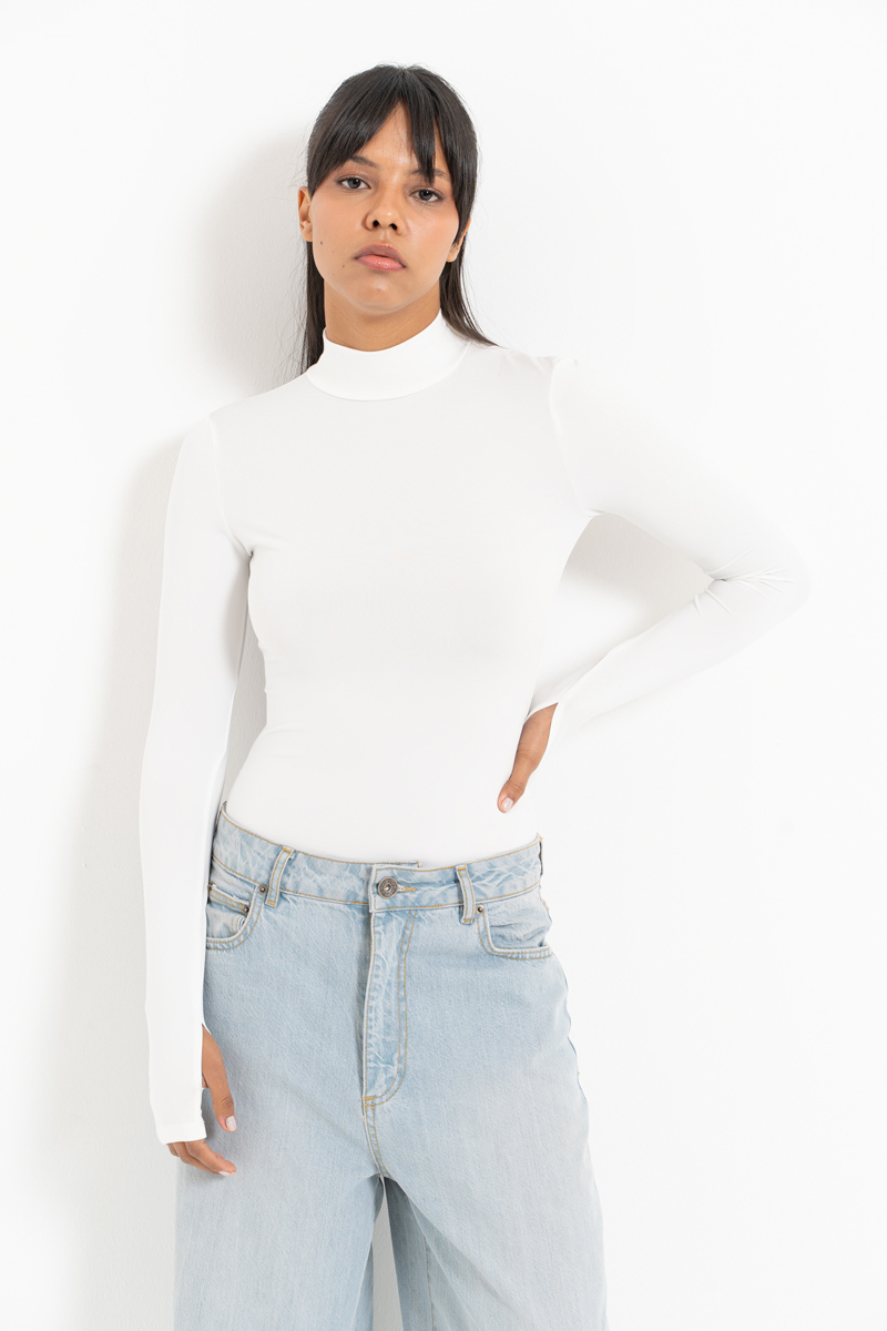 Offwhite Mock Neck Bodysuit with Thumb Holes