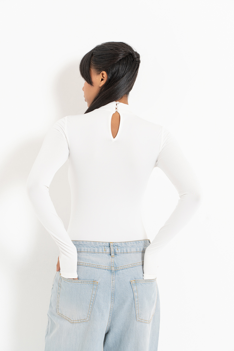 Offwhite Mock Neck Bodysuit with Thumb Holes