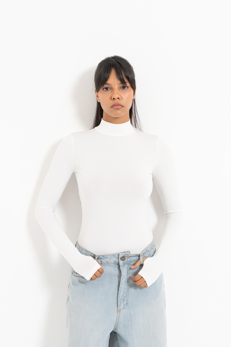 Offwhite Mock Neck Bodysuit with Thumb Holes