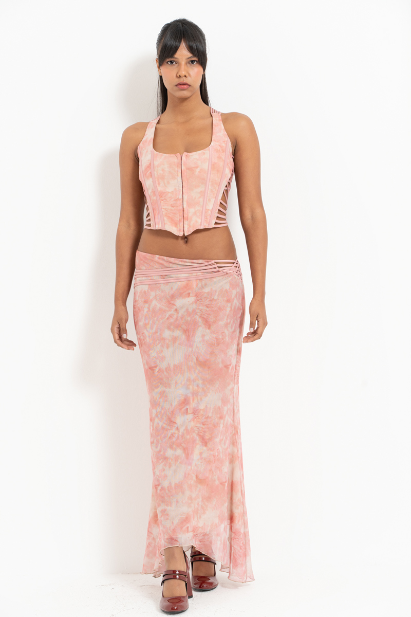 Wholesale Beige Pink-White Wired Strappy Crop Top & Mesh Skirt Set