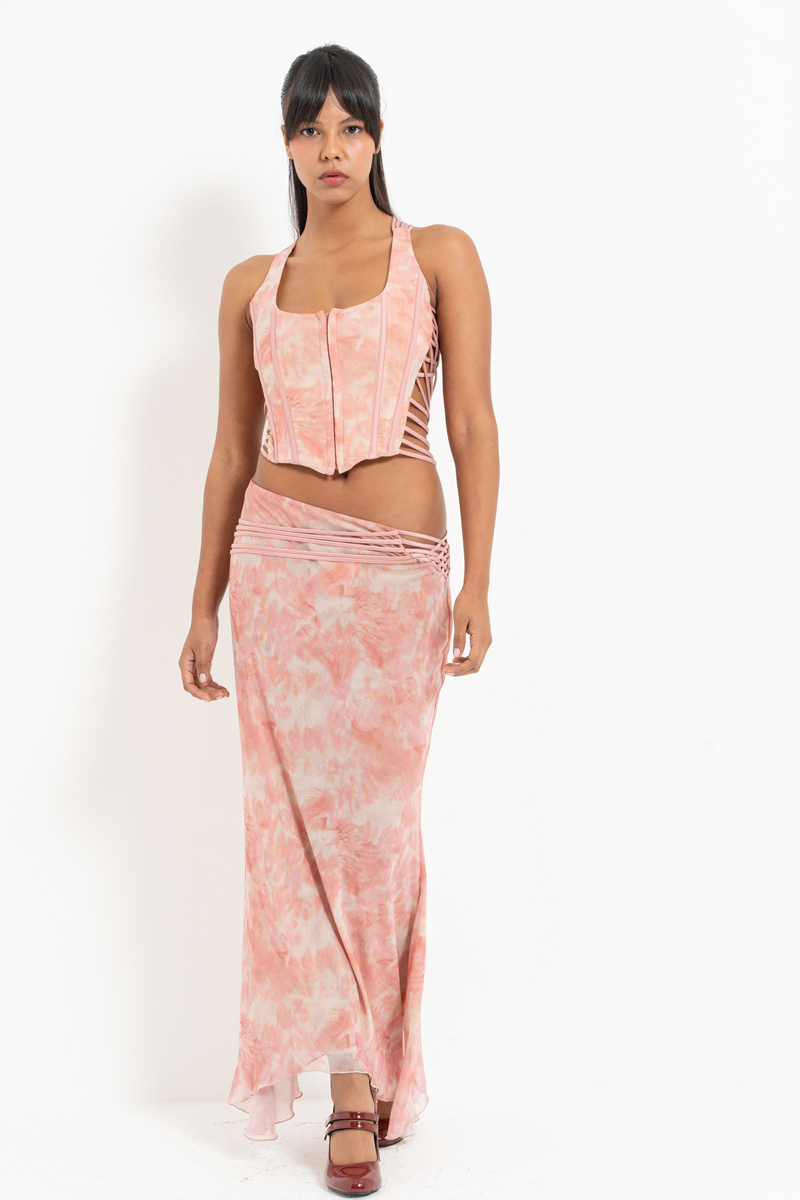 Wholesale Beige Pink-White Wired Strappy Crop Top & Mesh Skirt Set