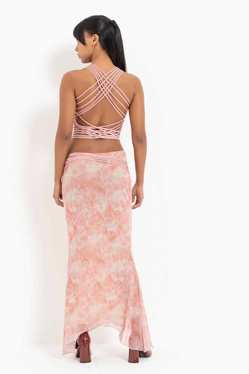 Beige Pink-White Wired Strappy Crop Top & Mesh Skirt Set