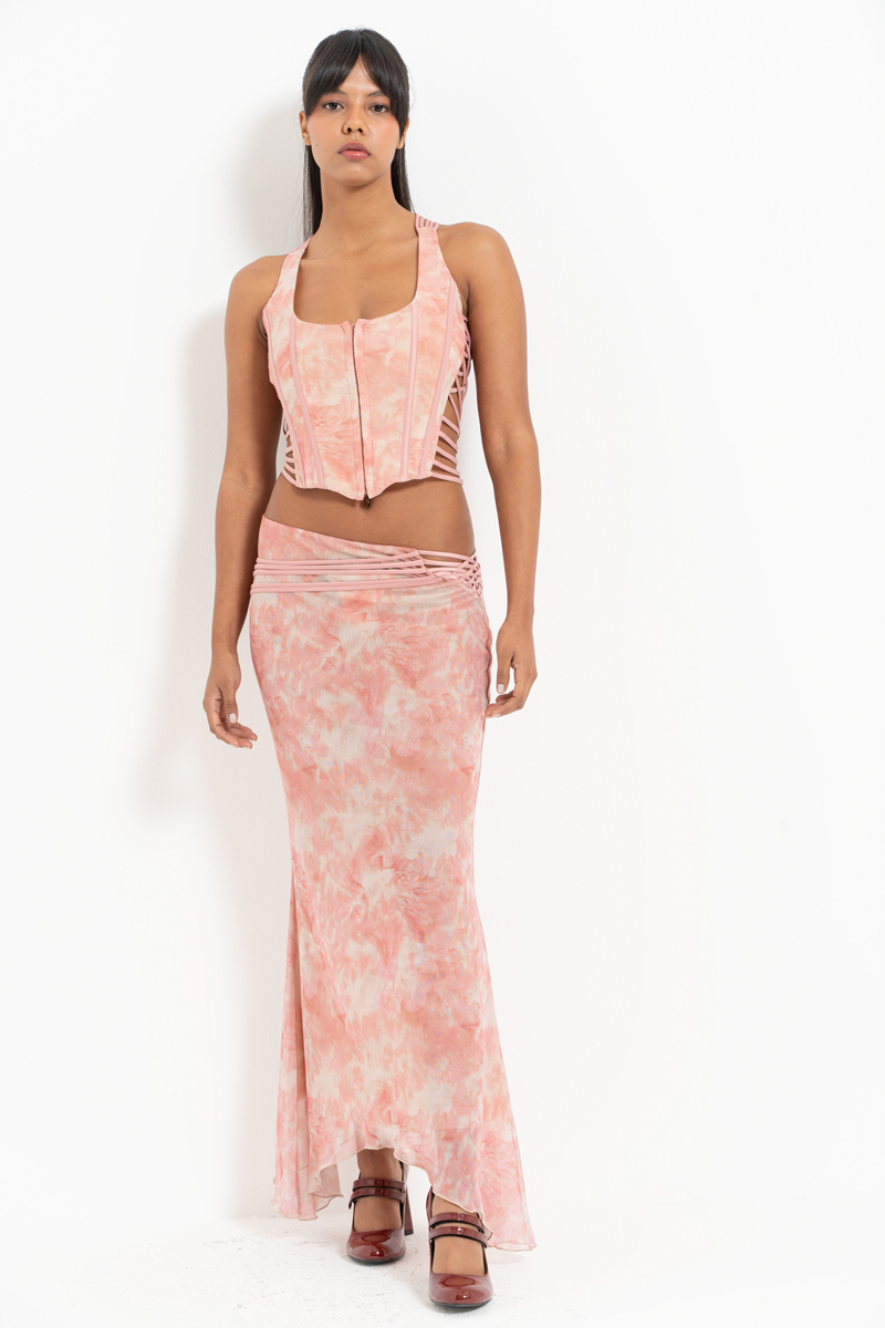 Beige Pink-White Wired Strappy Crop Top & Mesh Skirt Set
