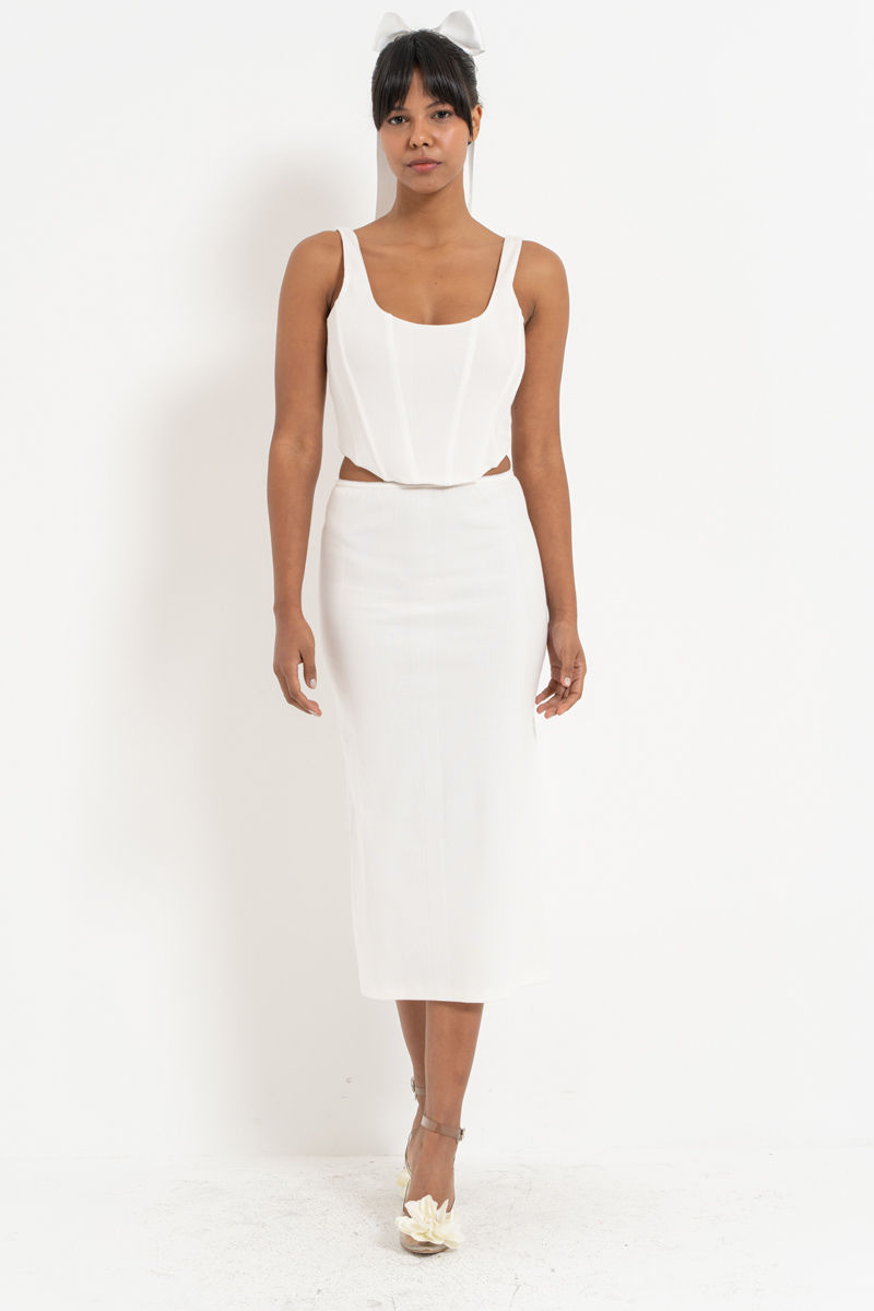 Wholesale Offwhite Wired Crop Cami & Midi Skirt Set