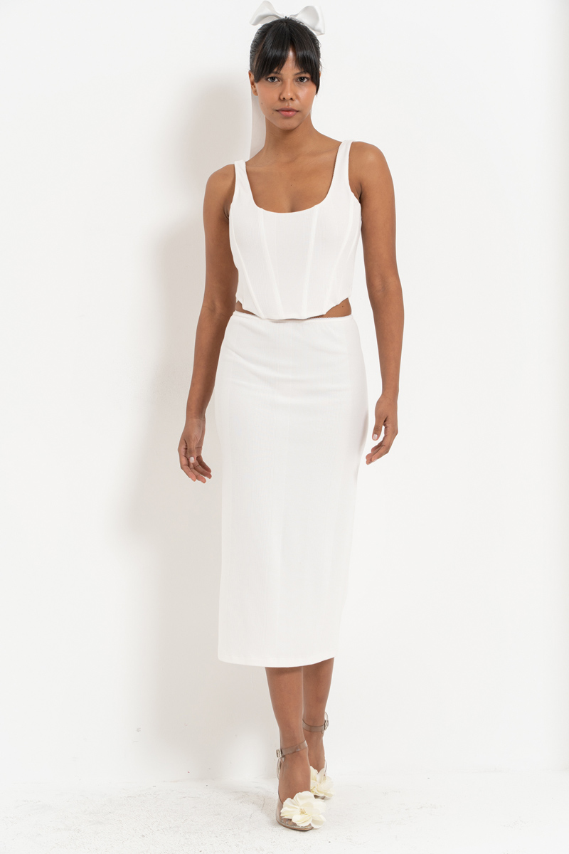 Wholesale Offwhite Wired Crop Cami & Midi Skirt Set