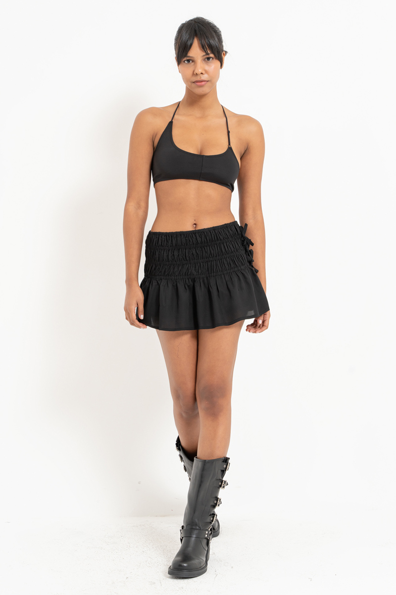 Black Elastic-Waist Mini Skirt