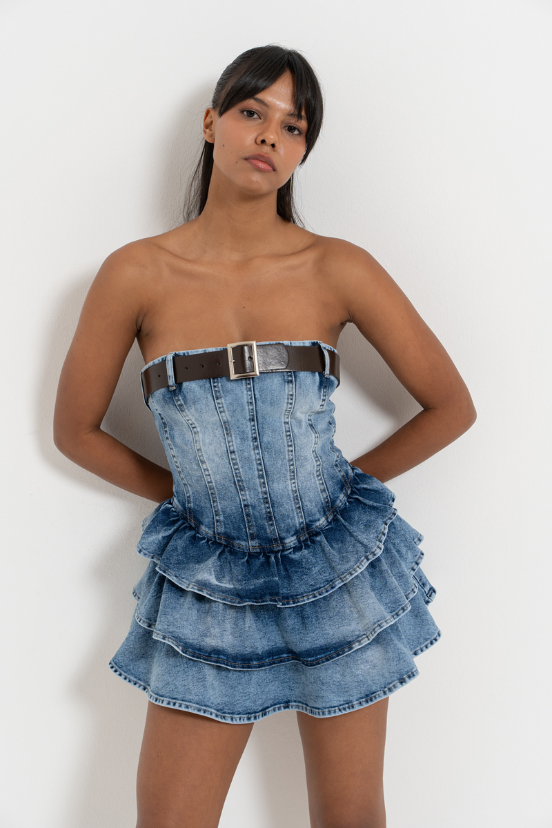 Wholesale Ice Blue Tiered-Ruffle Denim Mini Dress