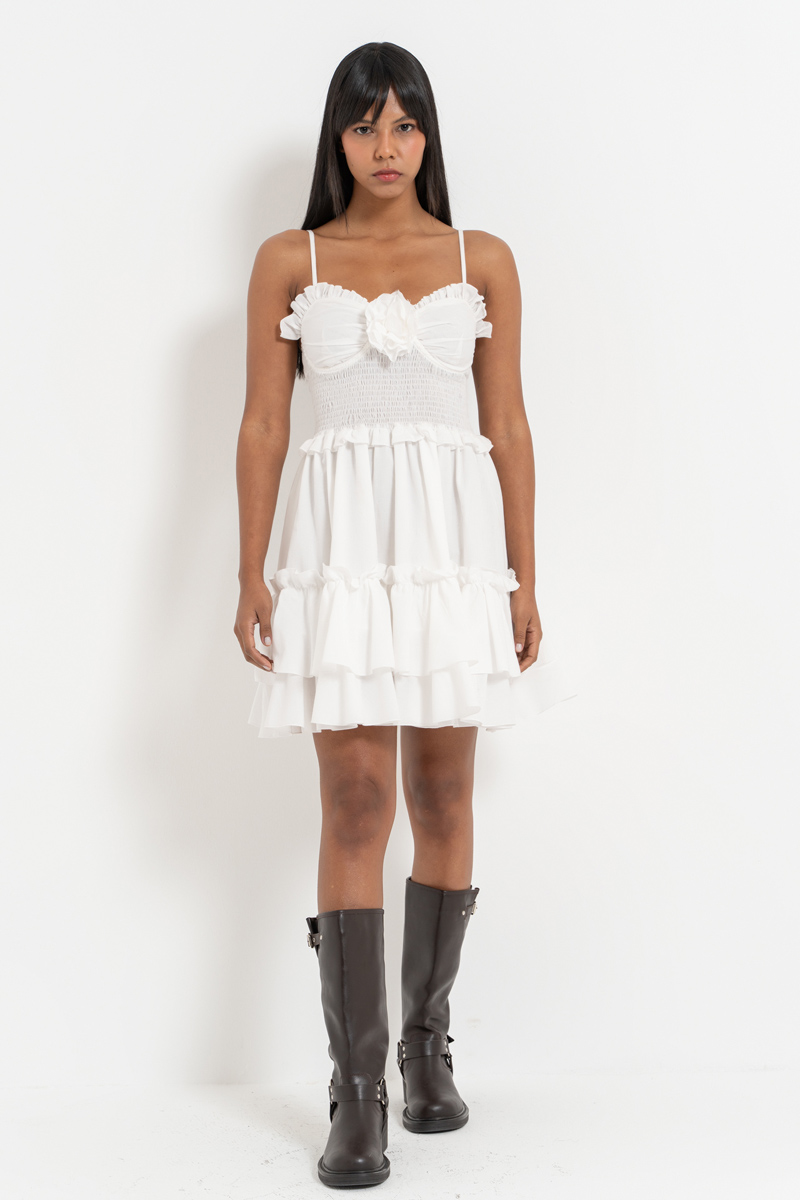 Offwhite Rose-Accent Smocked Dress